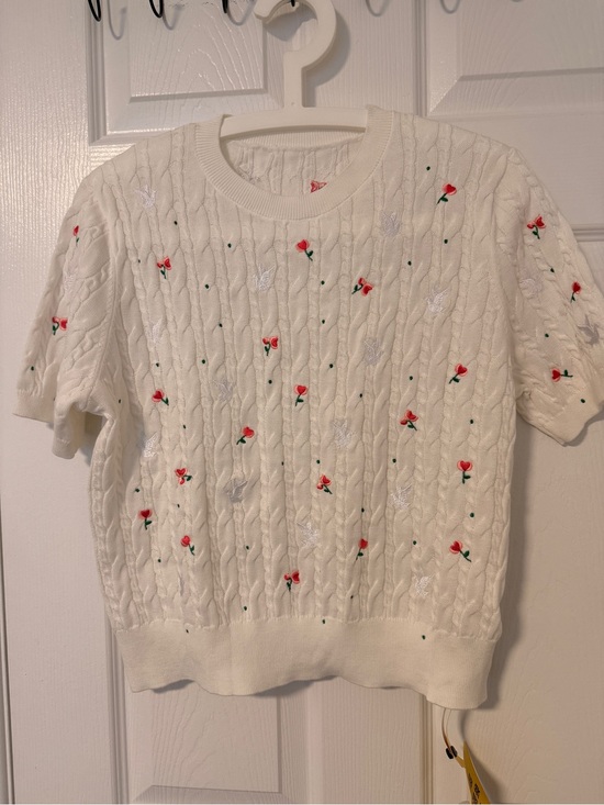 Dior Tops - Dior White Short Sleeve Cable Knit Tee with Rose and Pigeon Embroidery